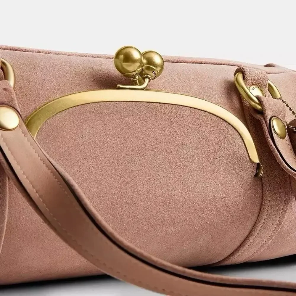 NWT Coach Kisslock Barrel Bag Suede and soft grain leather CDZ16 Brass/Nuage